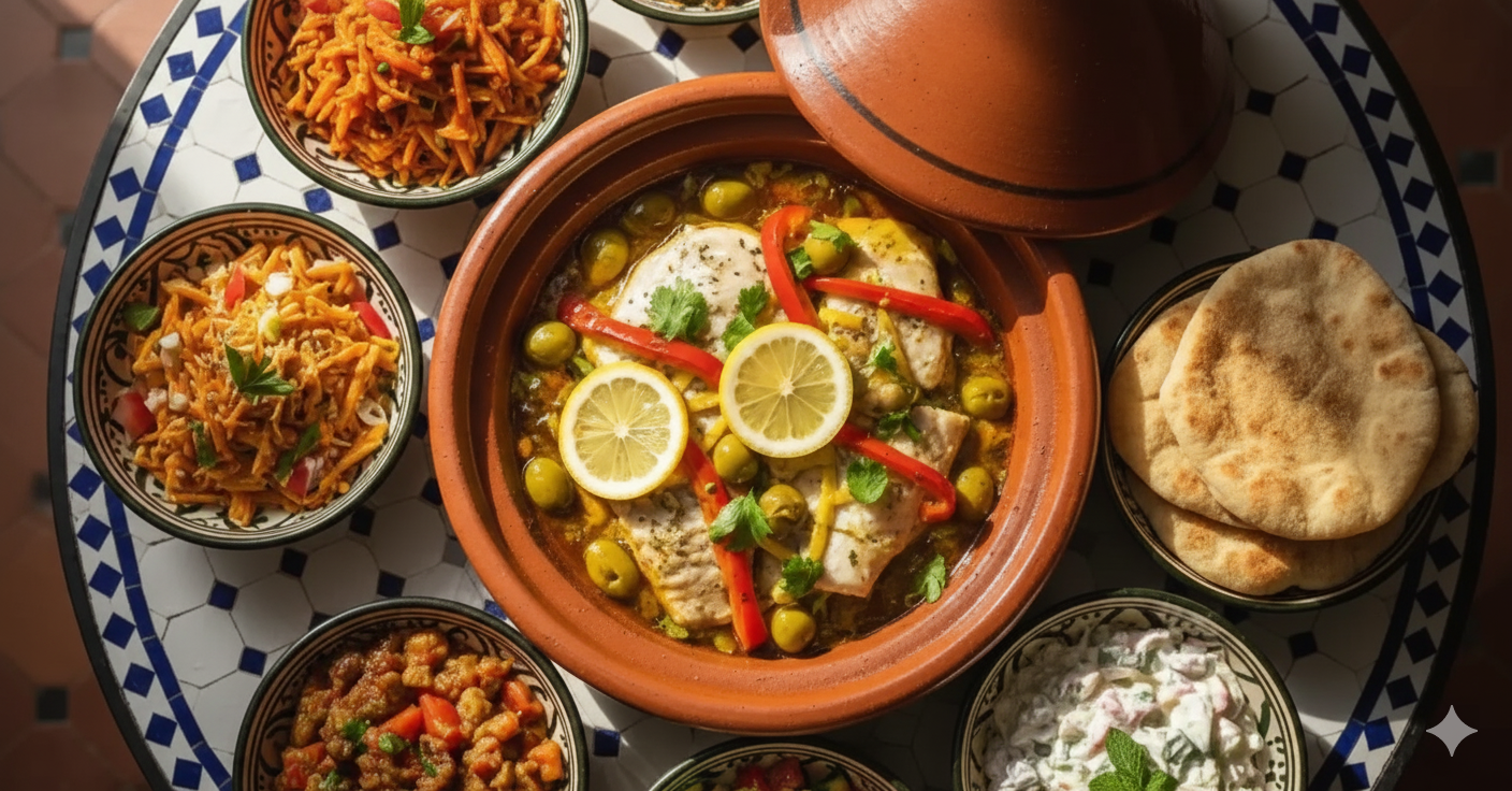 Fish Tagine with Olive Oil & Assorted Salads